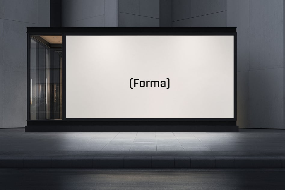 Retail storefront with white display screen, minimalist storefront design