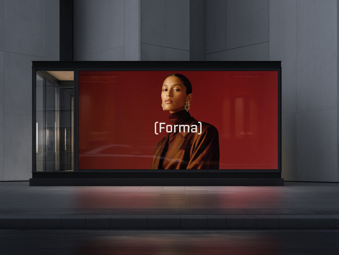 Shop window showing woman in brown jacket against deep red background
