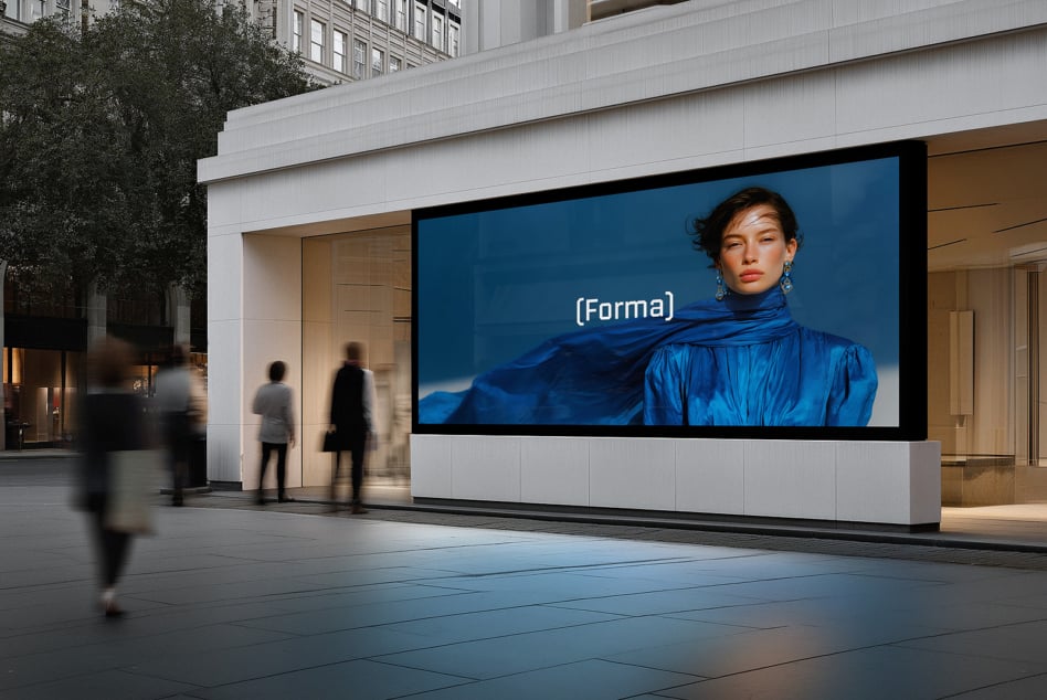 Urban storefront with large digital billboard displaying woman in blue clothing with Forma text overlay