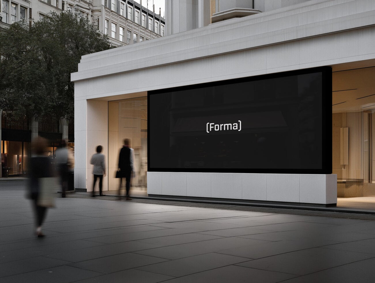 Street-level storefront display with large horizontal black screen, modern white facade, city pedestrians