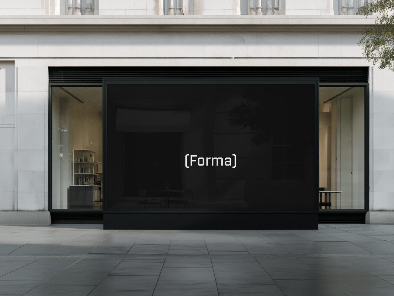 Modern window display with Formal text centered on black screen backdrop