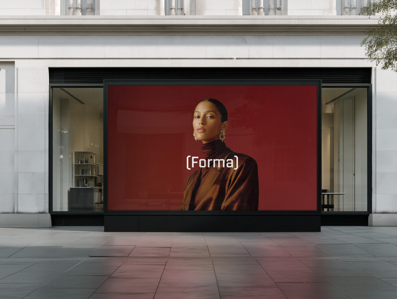 Large storefront display showing woman in bronze jacket against red background