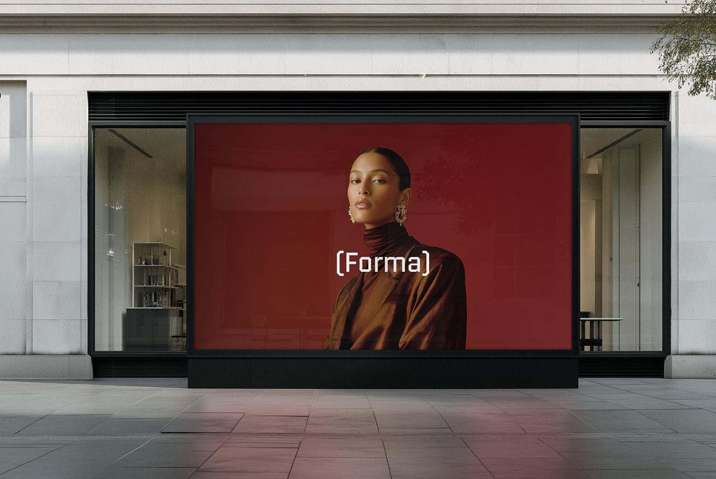 Modern storefront with woman in cream sweater posed against green foliage