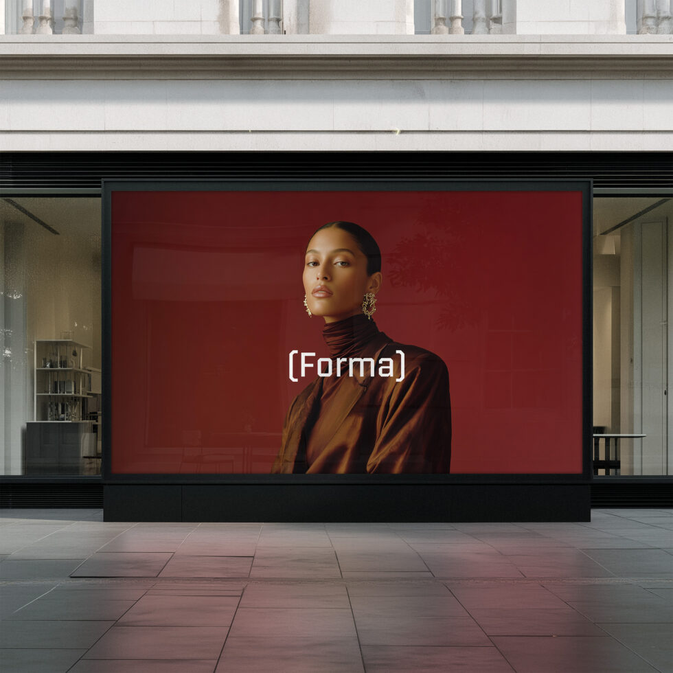 Street-level storefront mockup featuring woman portrait with Formal text overlay