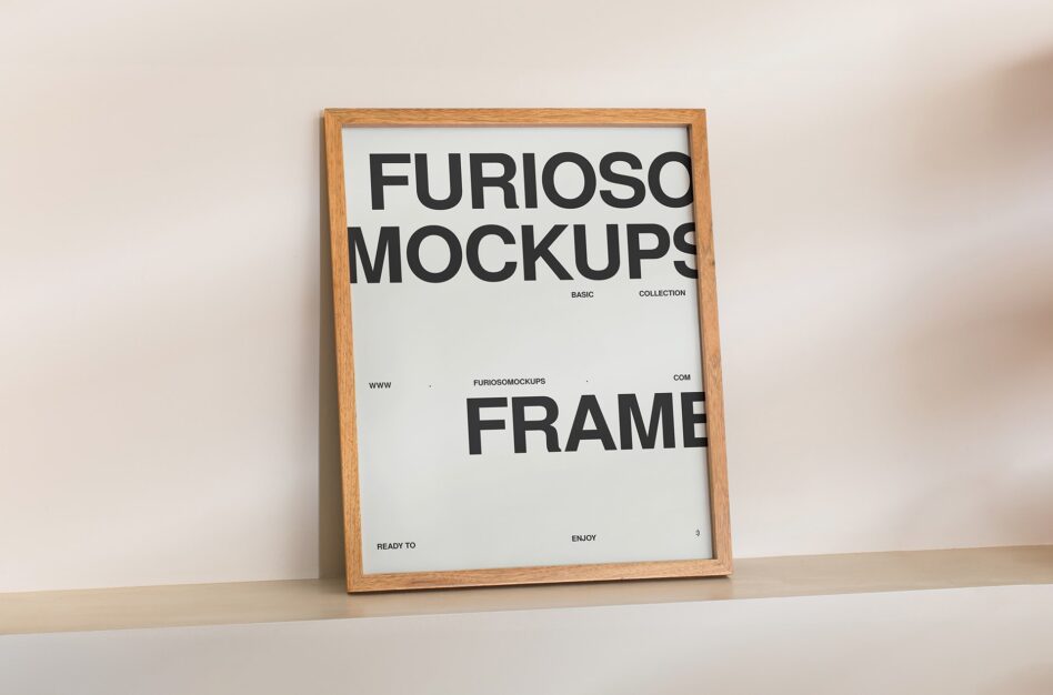 Wooden frame mockup with minimalist layout on white background