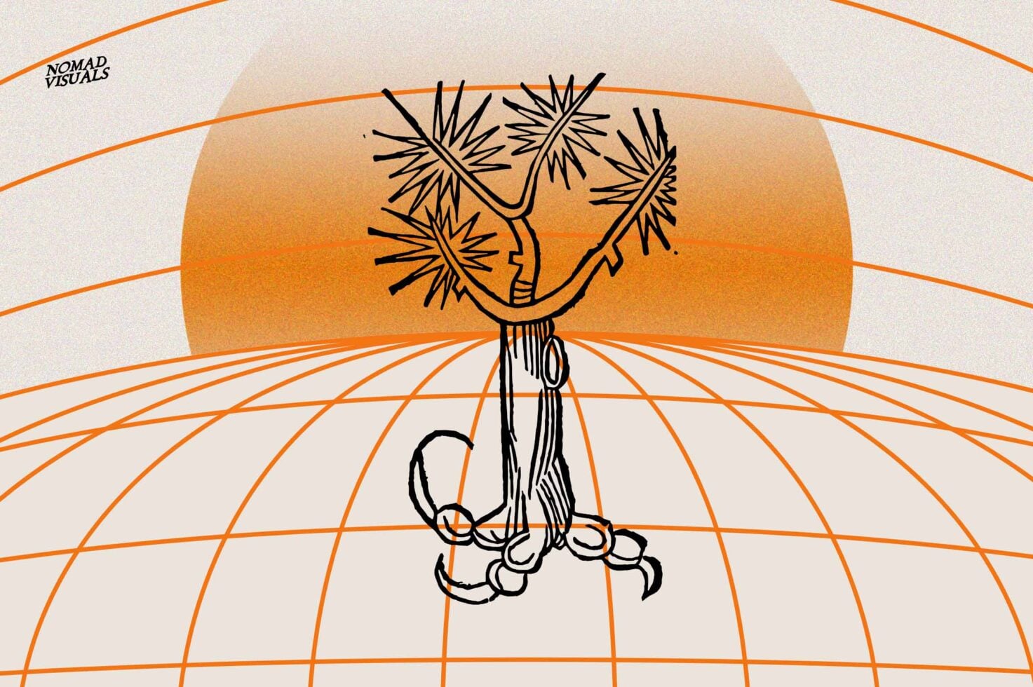 Spiky tree with curved roots on geometric grid, orange background gradient, surreal illustration