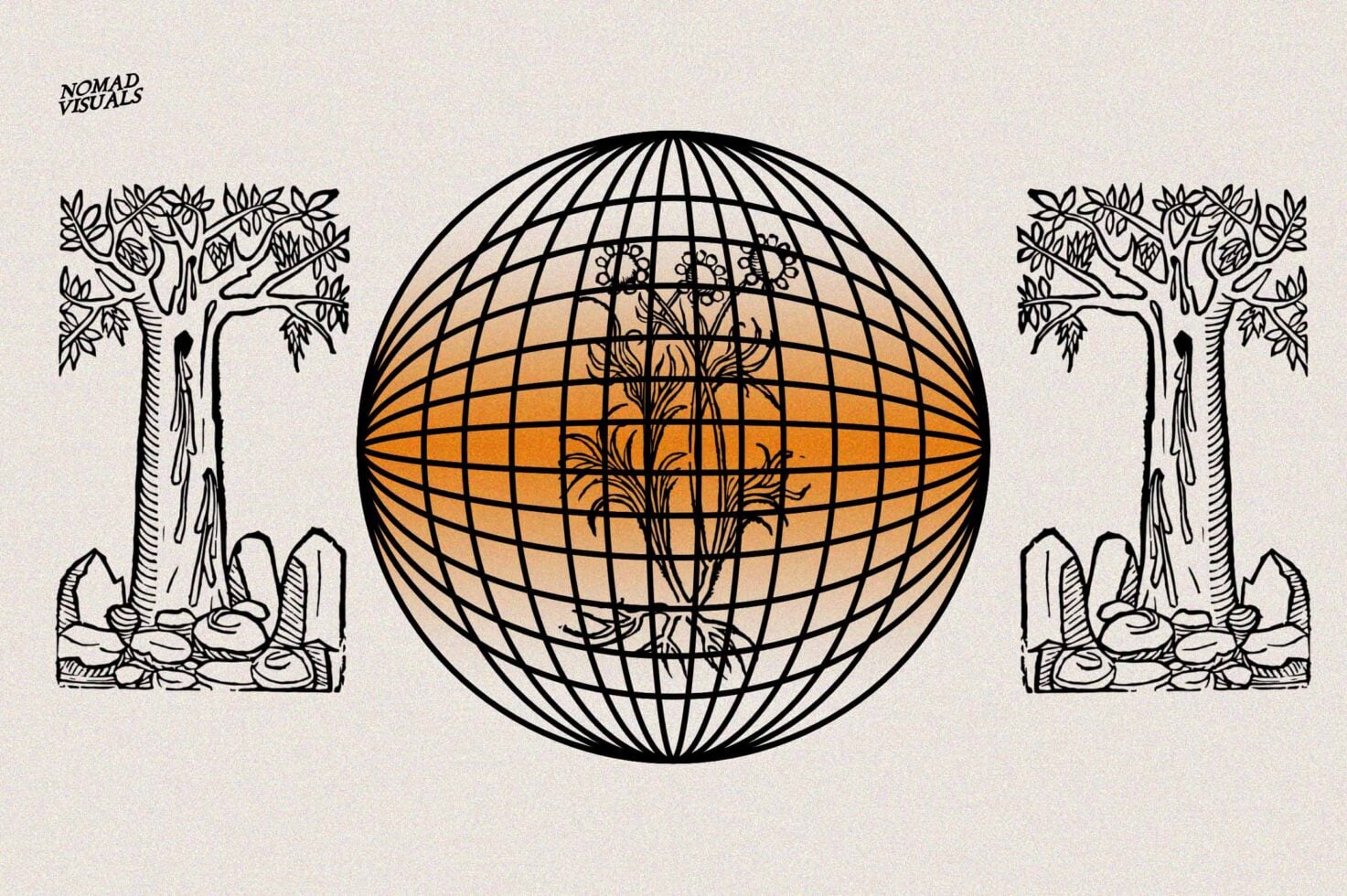 Globe with grid overlay holding botanical plant in center, trees on sides, orange gradient fill