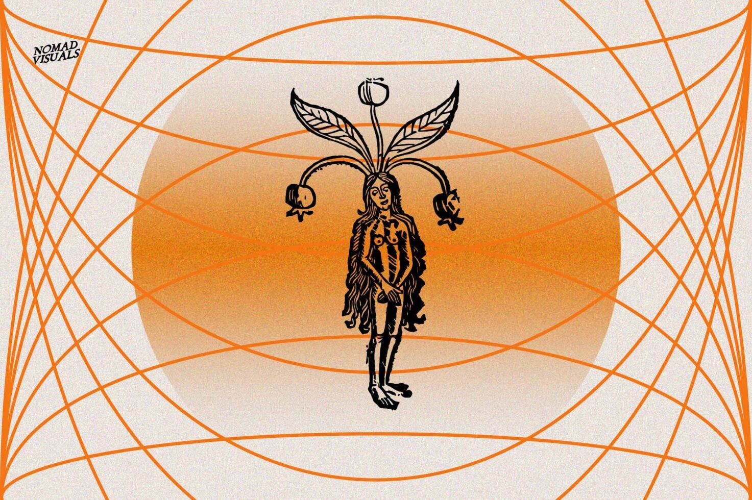 Figure with plant-like head holding fruit, orange geometric web pattern background, mystical vibe