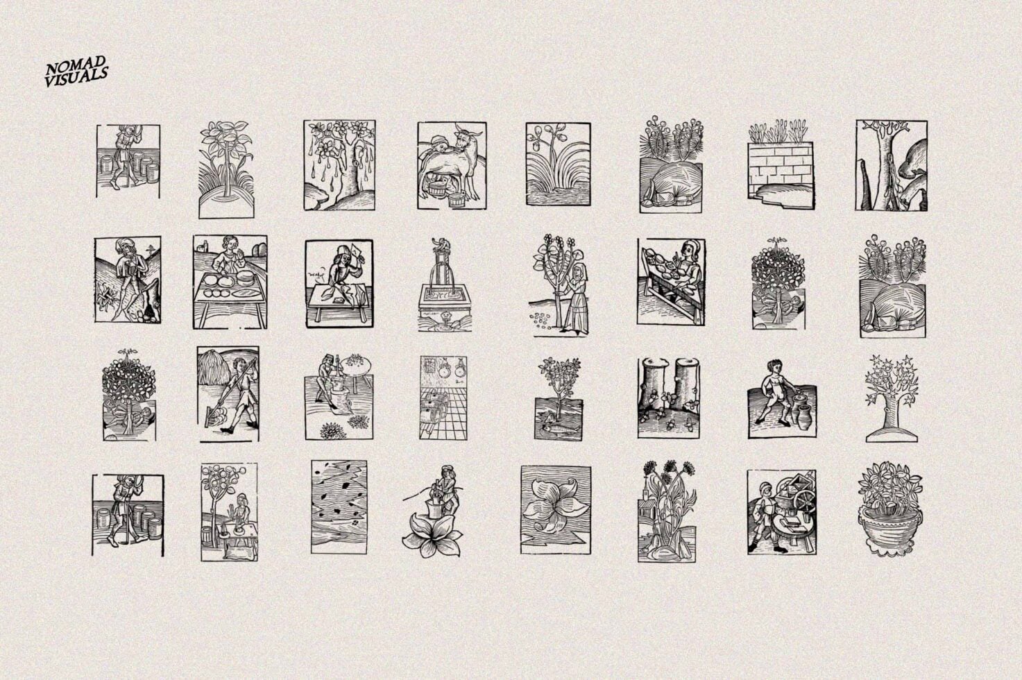Grid of 32 vintage botanical woodcut illustrations with framed scenes, figures, plants, flowers