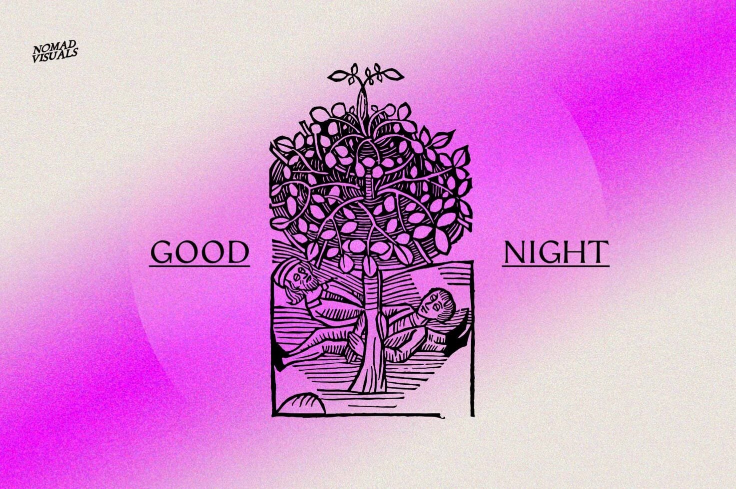 Engraved botanical tree illustration with berries, good night text on magenta gradient