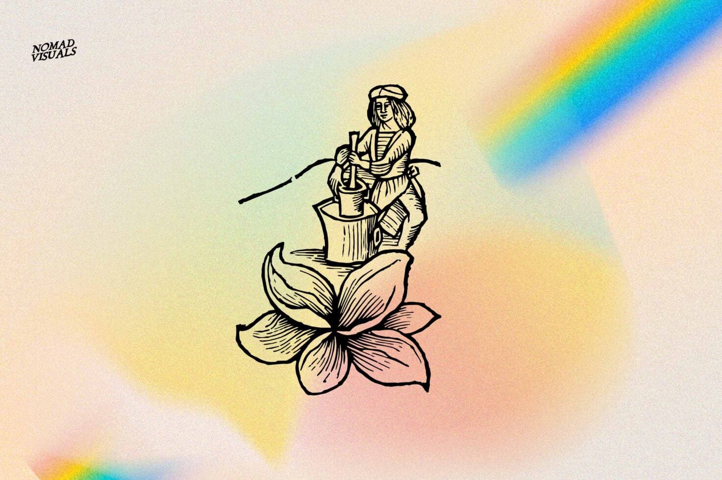 Vintage engraved figure sitting on flower with rainbow gradient beam background