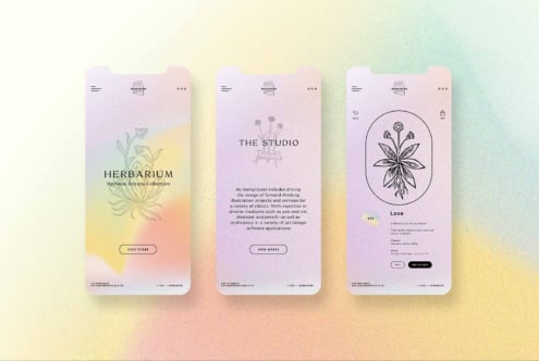Three phone screens showing Herbarium medieval botanicals, gradient pastel backgrounds