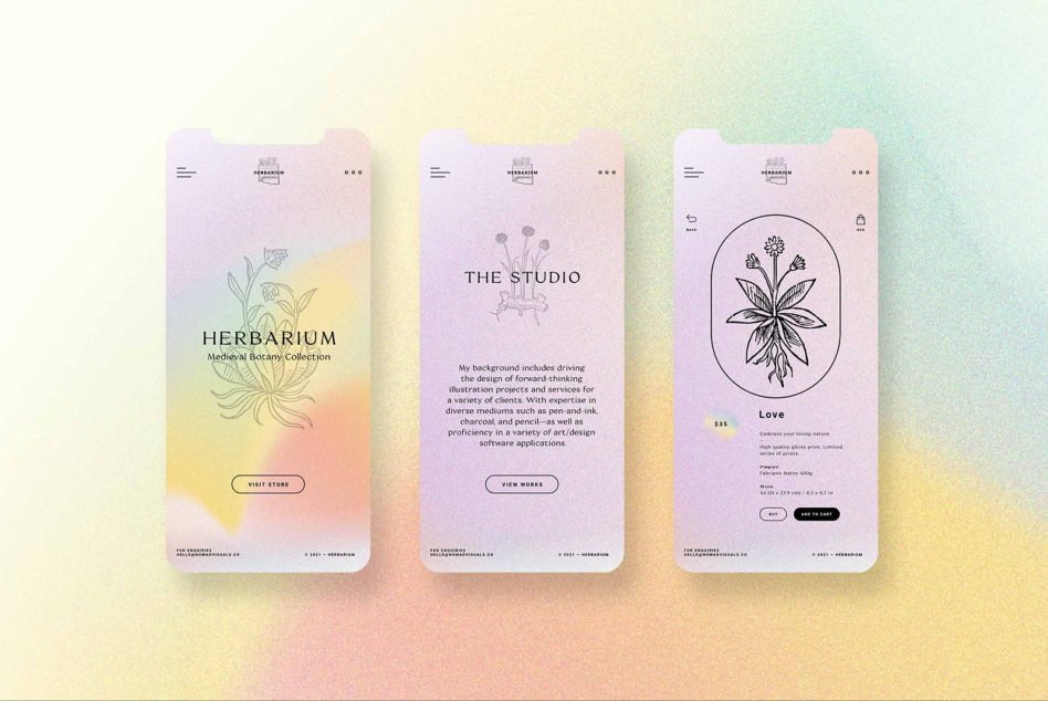 Three phone screens showing Herbarium medieval botanicals, gradient pastel backgrounds