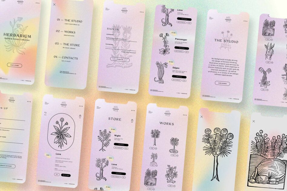 Mobile app screens mockup with botanical illustrations, pastel gradient, website UI design