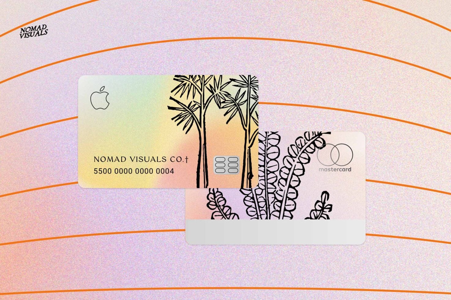 Credit cards mockup with botanical line art, gradient pastel background, Nomad Visuals