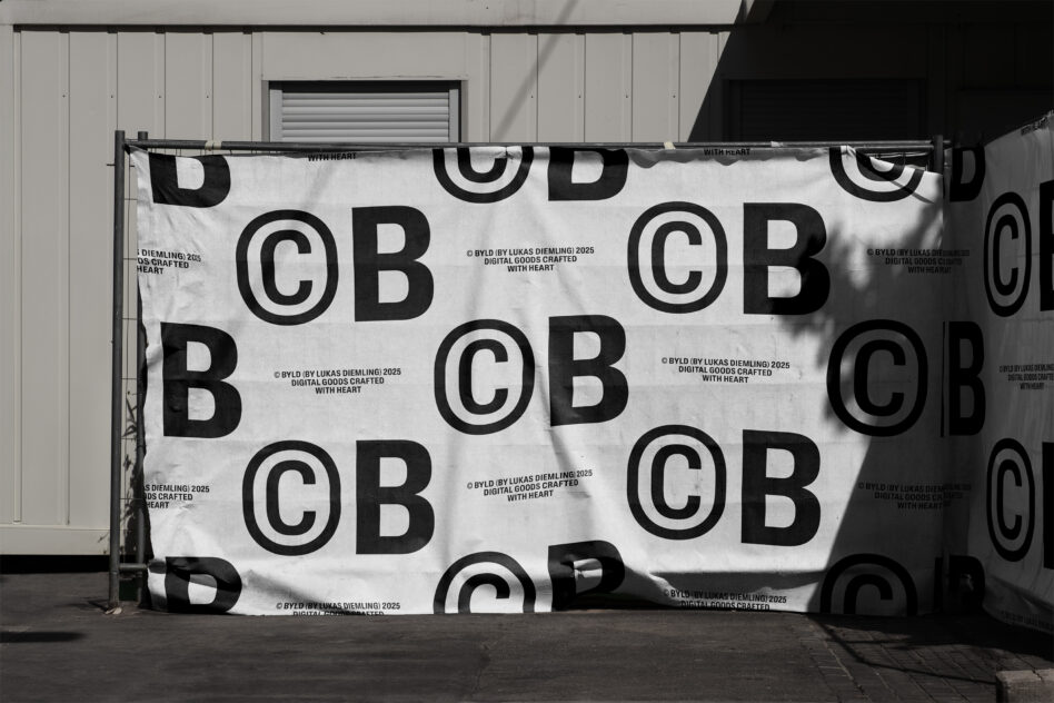 Repeating copyright symbol BYLD pattern on white fabric banner with shadows
