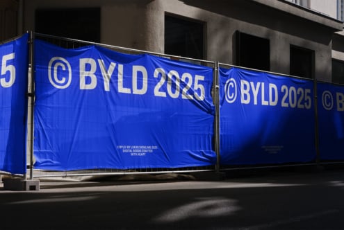 Blue banner with copyright BYLD 2025 symbol repeated in large yellow font