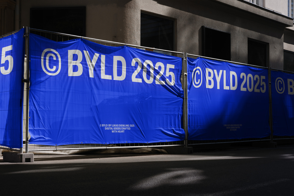 Blue banner with copyright BYLD 2025 symbol repeated in large yellow font