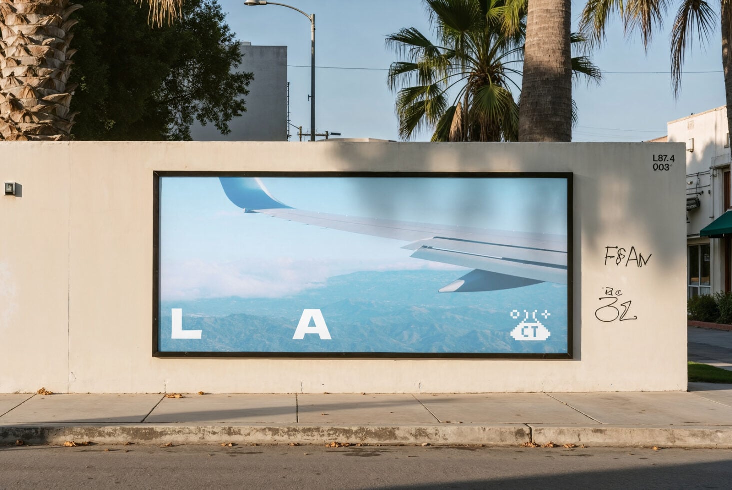 Building-mounted landscape billboard showing airplane wing view, LA text, palms
