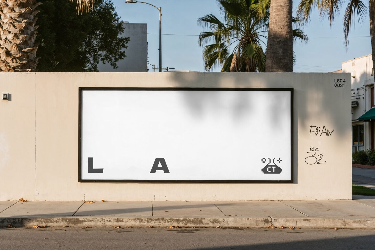 Storefront billboard mockup with blank white screen, LA text, palm trees background