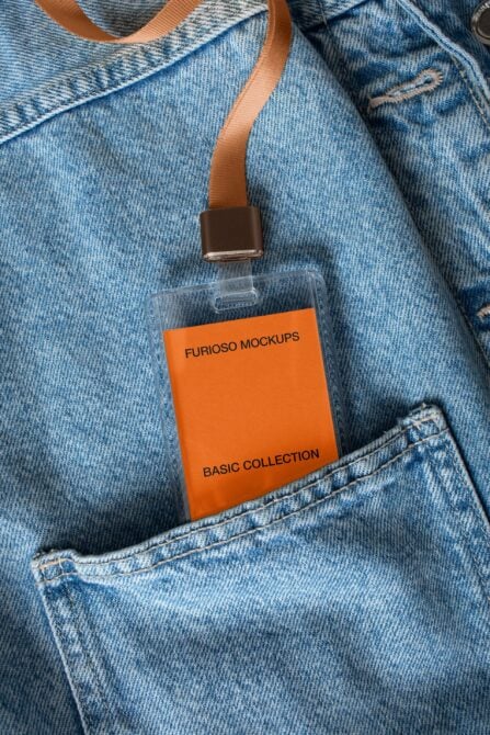 Orange ID badge on denim with brown clip, coral strap, label mockup