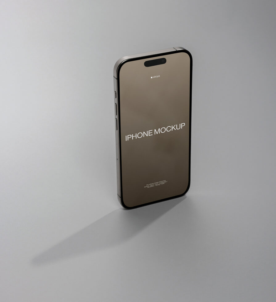 iPhone 14 mockup displaying centered screen text, angled 3D perspective
