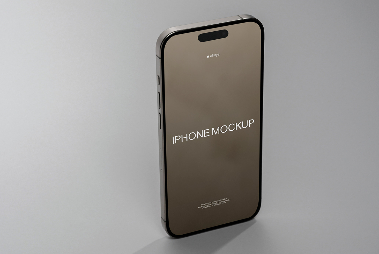 iPhone mockup with tan screen on light gray background, angled view