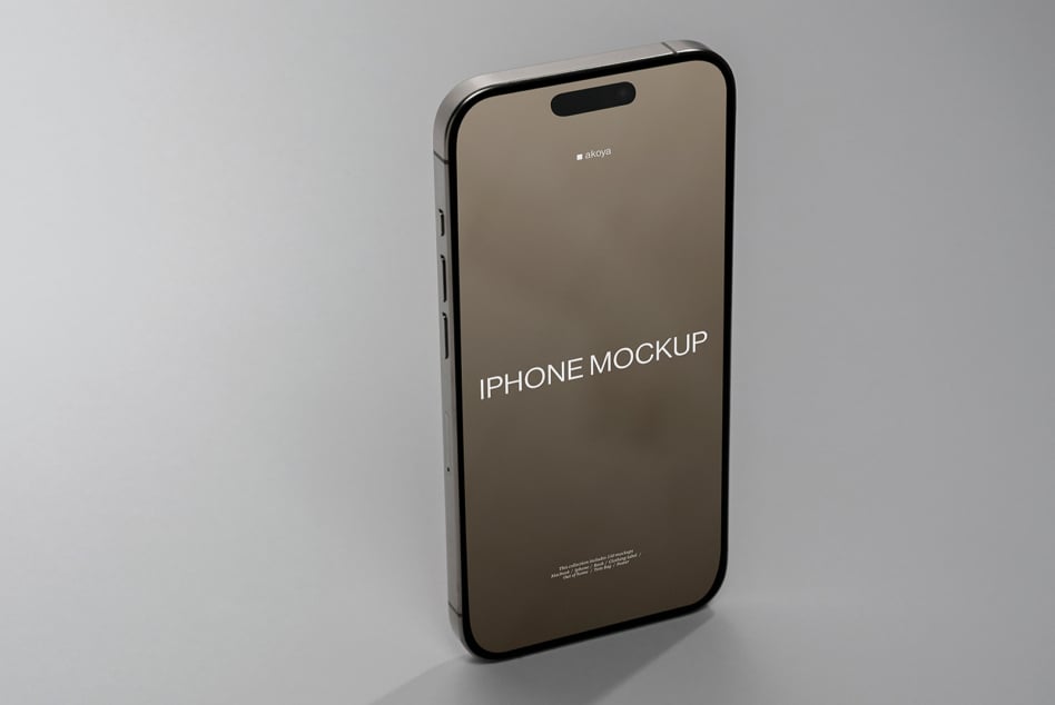 iPhone mockup with tan screen on light gray background, angled view