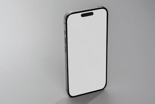 Blank white iPhone 14 screen mockup, clean minimal setup with shadow