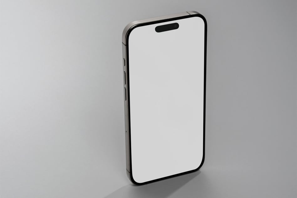 Blank white iPhone 14 screen mockup, clean minimal setup with shadow