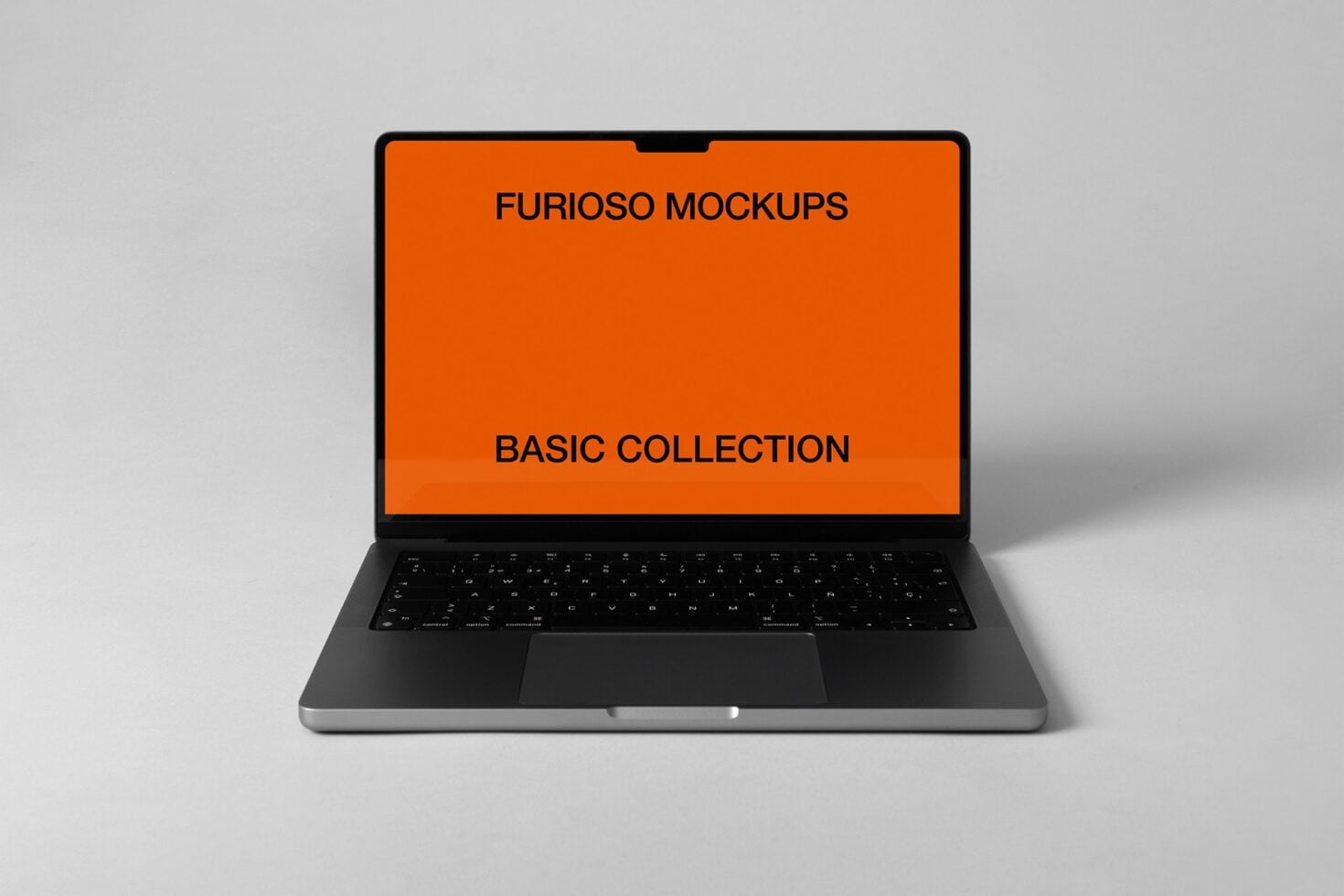 Open laptop displaying orange mockup on neutral background