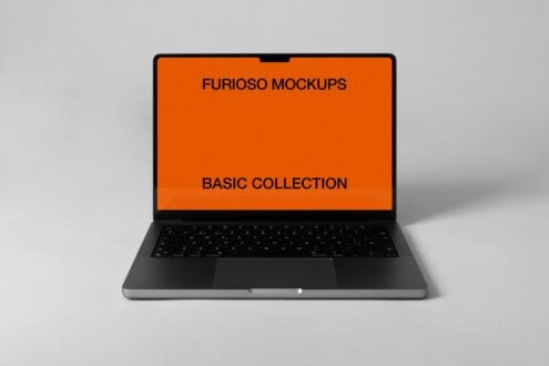 Open laptop displaying orange mockup on neutral background