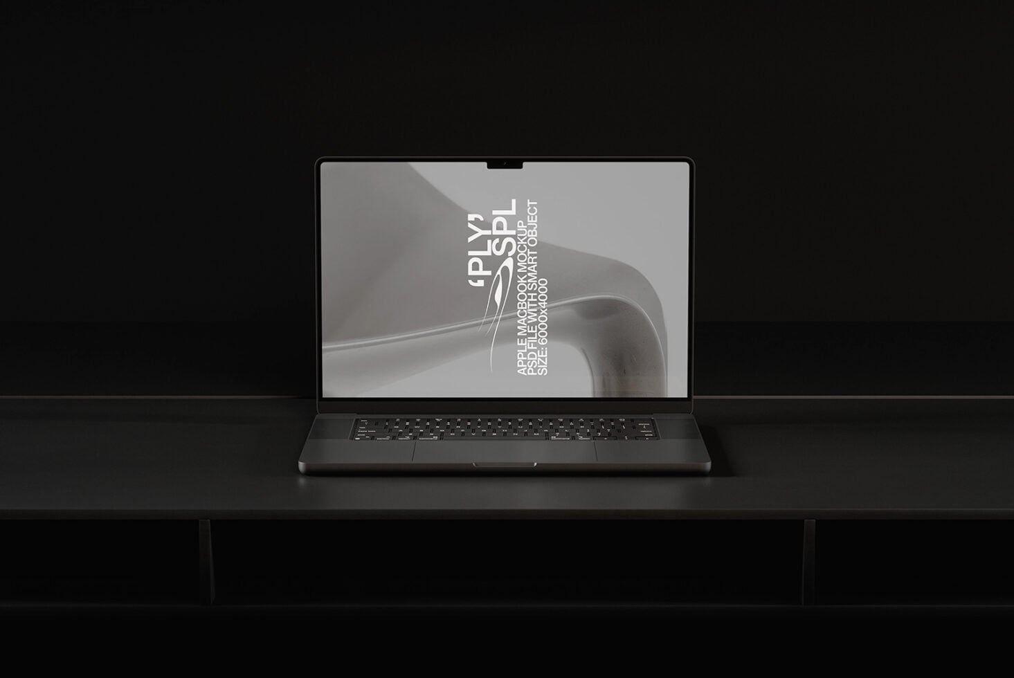 Laptop displaying abstract curved form design mockup on black surface setup