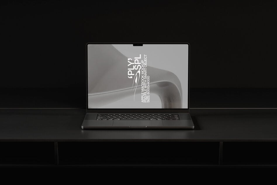 Laptop displaying abstract curved form design mockup on black surface setup