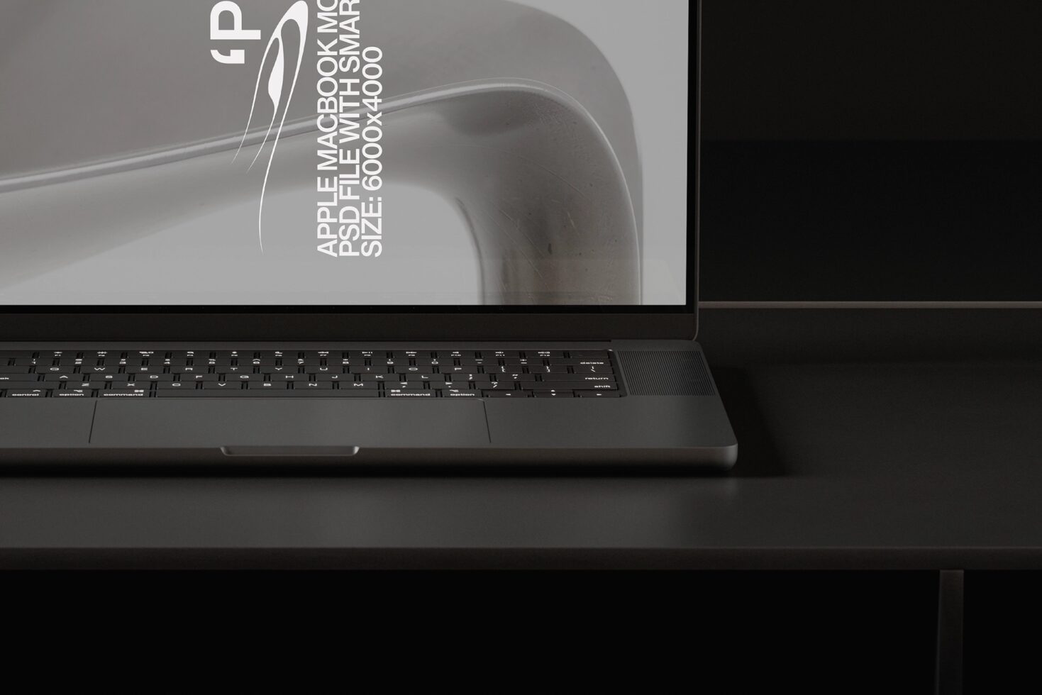 Laptop screen displaying minimalist design with curved shape mockup on desk