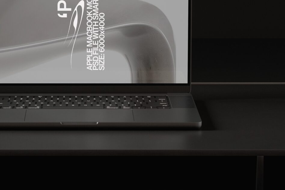 Laptop screen displaying minimalist design with curved shape mockup on desk