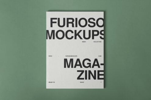 Magazine mockup flat lay on sage green with bold typography, Furioso Mockups Magazine zine layout