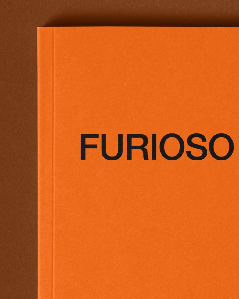 Orange hardcover notebook spine visible against brown surface, minimalist design with Furioso type