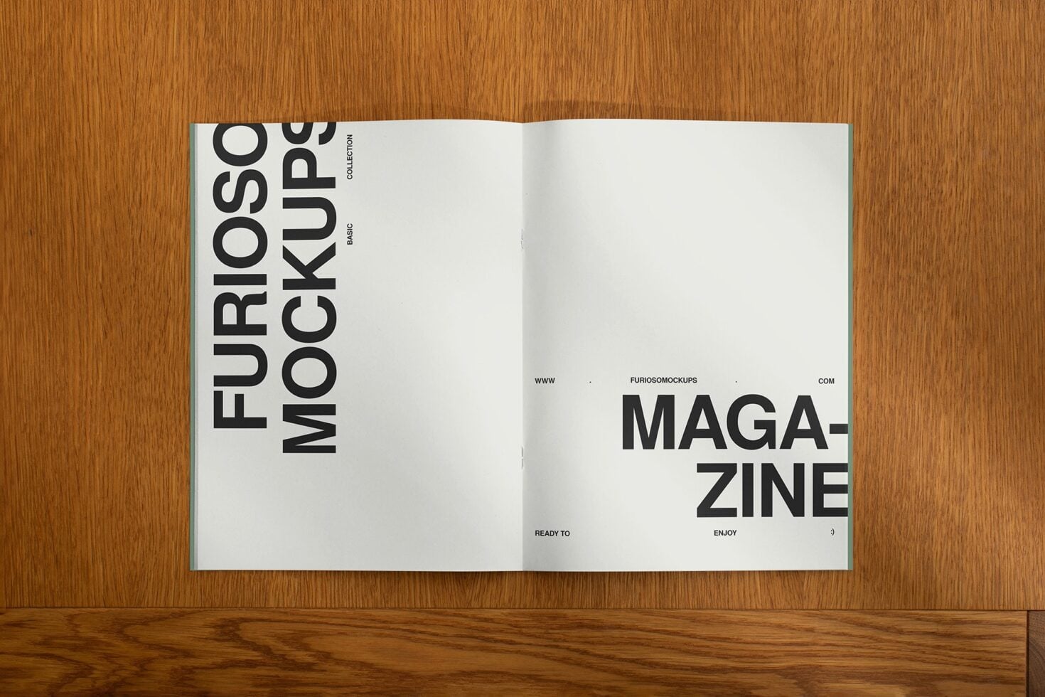 Open magazine spread showing left cover with vertical text right page blank