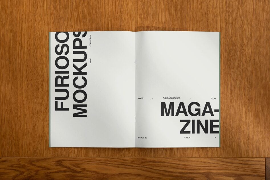 Open magazine spread showing left cover with vertical text right page blank