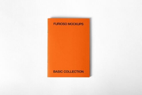 Bright orange square card with small black text on neutral white surface backdrop