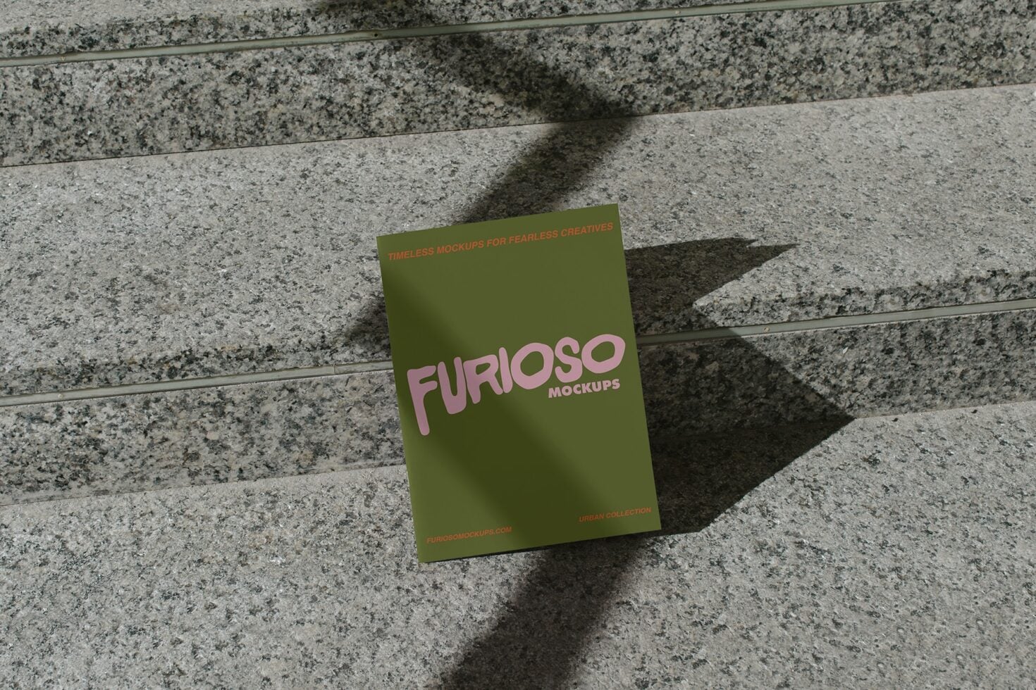 Olive green card mockup with pink Furioso lettering on concrete steps