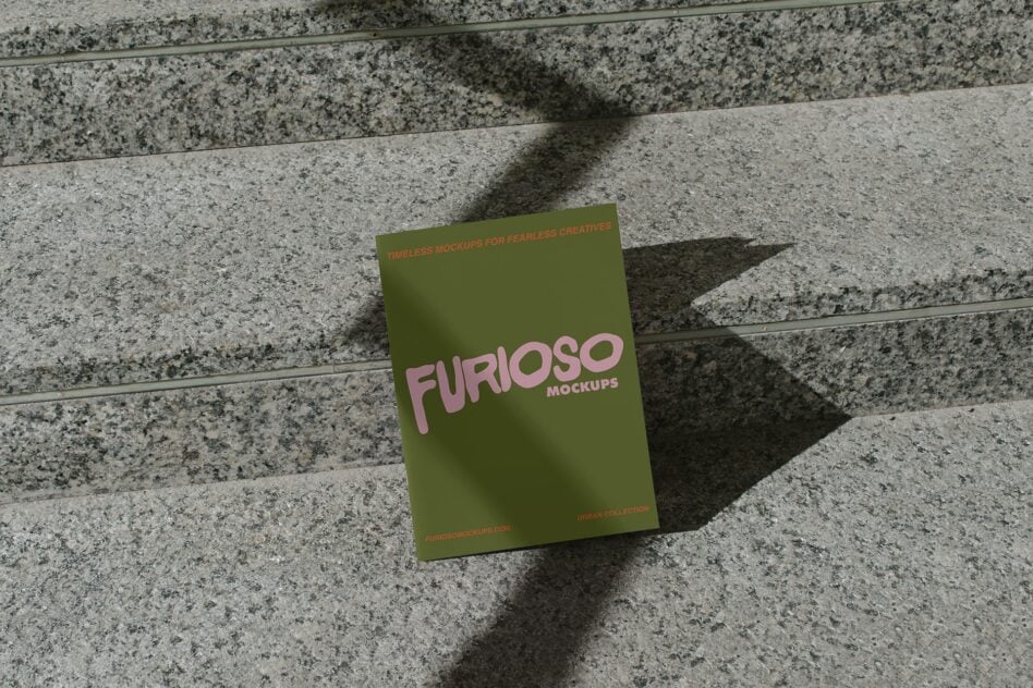Olive green card mockup with pink Furioso lettering on concrete steps