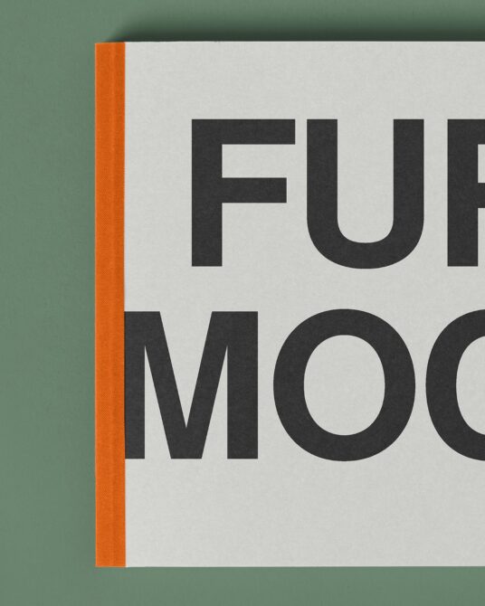 Magazine or book cover close-up with orange spine, bold sans-serif text on cream