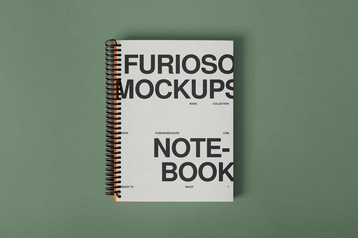 Spiral bound notebook mockup on sage green surface with organic shadow cast
