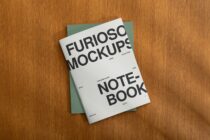 Notebook mockup with cream cover showing Furioso branding, layered on green background