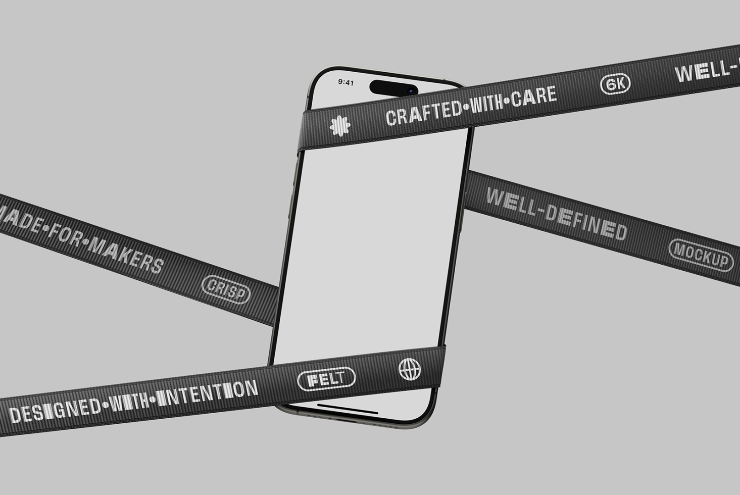 Phone mockup with white screen wrapped in printed ribbon bands