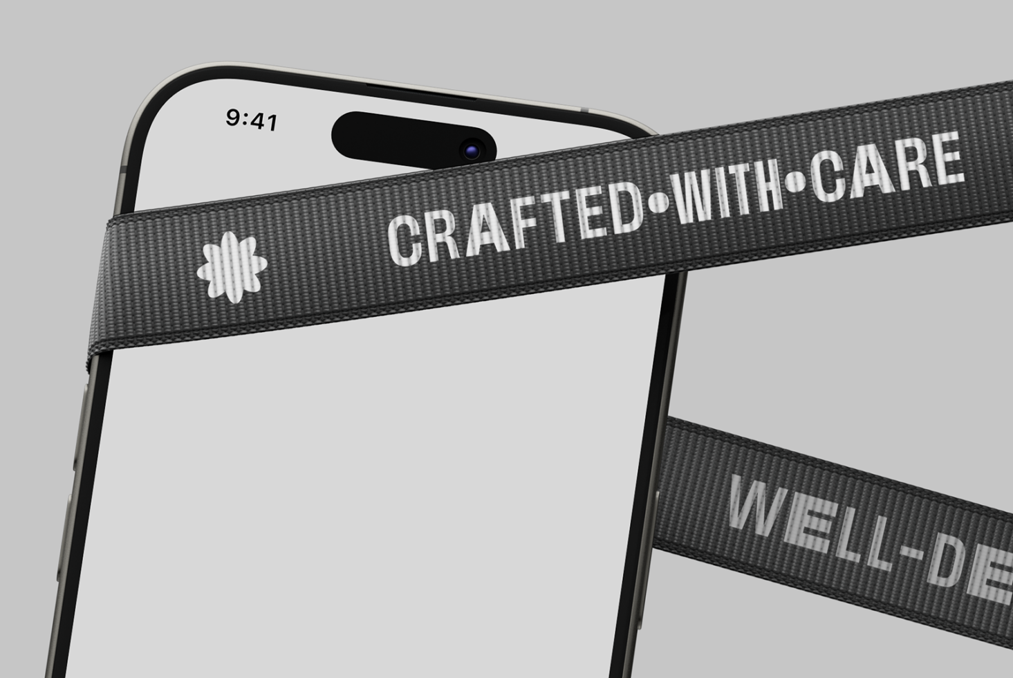 Phone mockup with dark ribbon bands overlaid displaying brand text