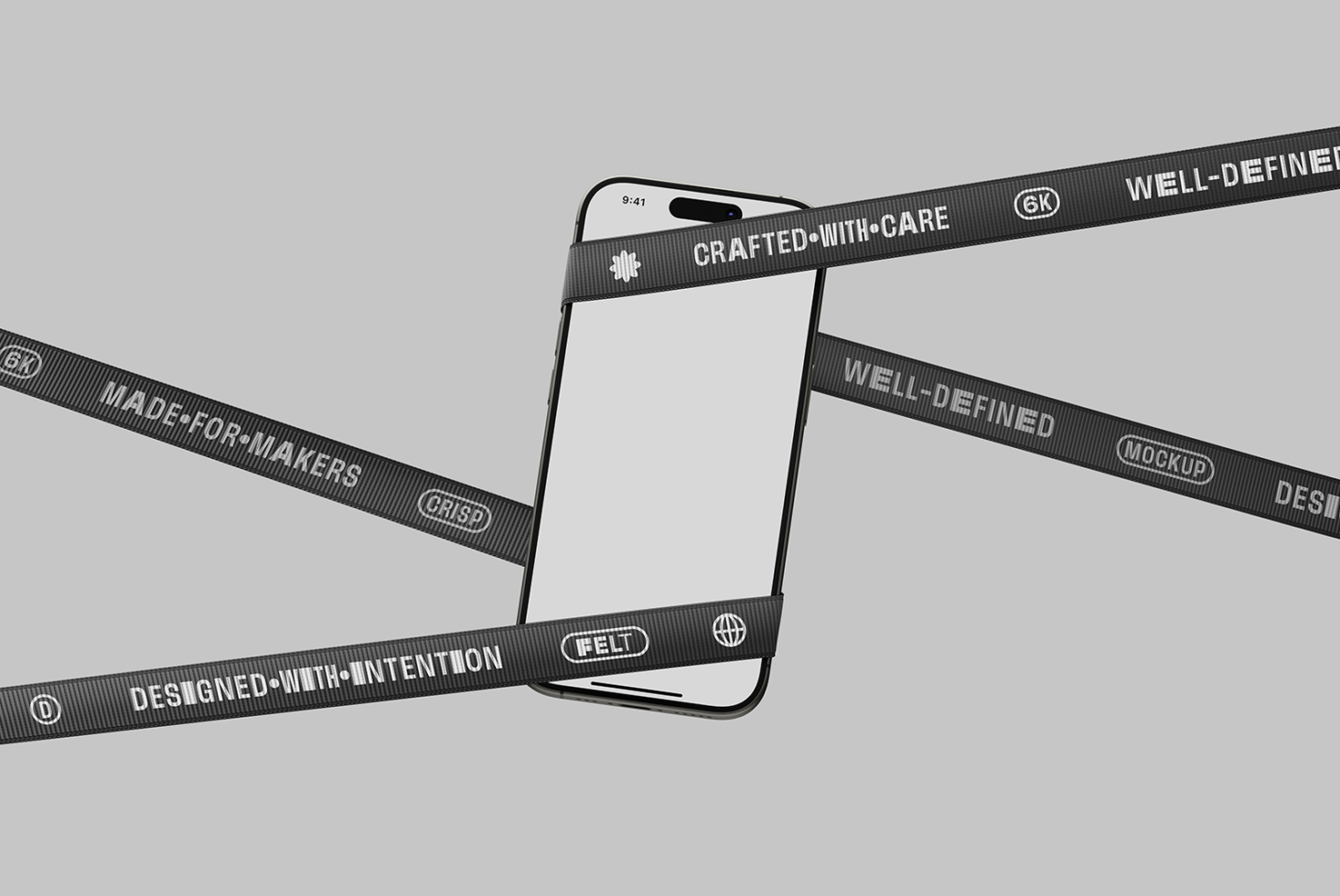 Phone with blank white screen crossed by dark ribbons with crisp, crafted, intended text