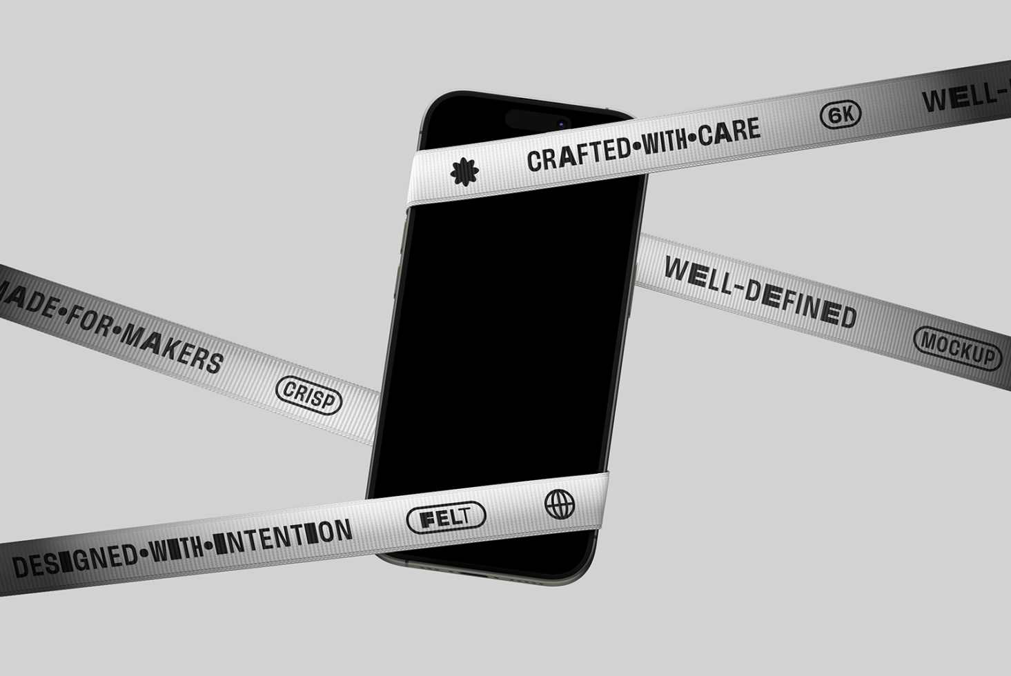 Smartphone mockup wrapped in ribbons with crafted design messaging